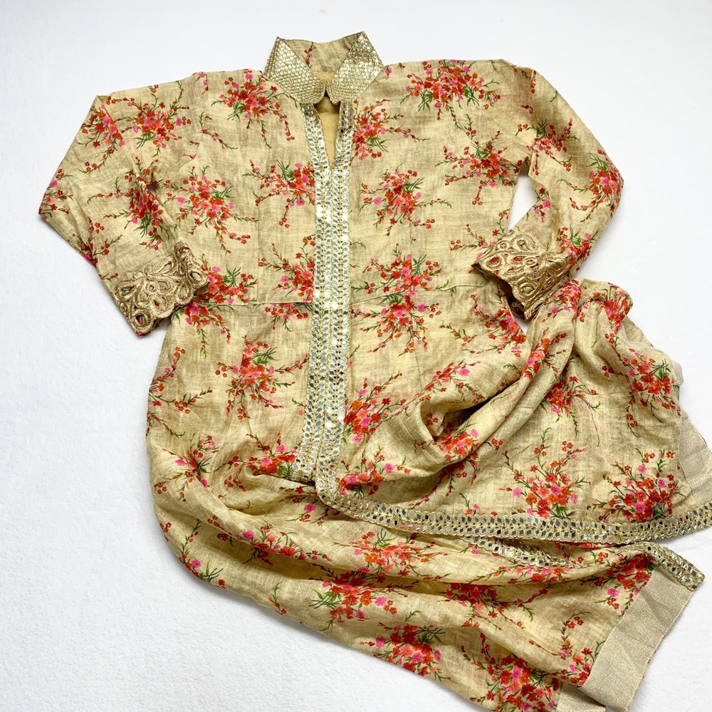 Handmade‎ Floral Mirror Work Tunic Womens Size M Gold Pink Ethnic Kurta Boho